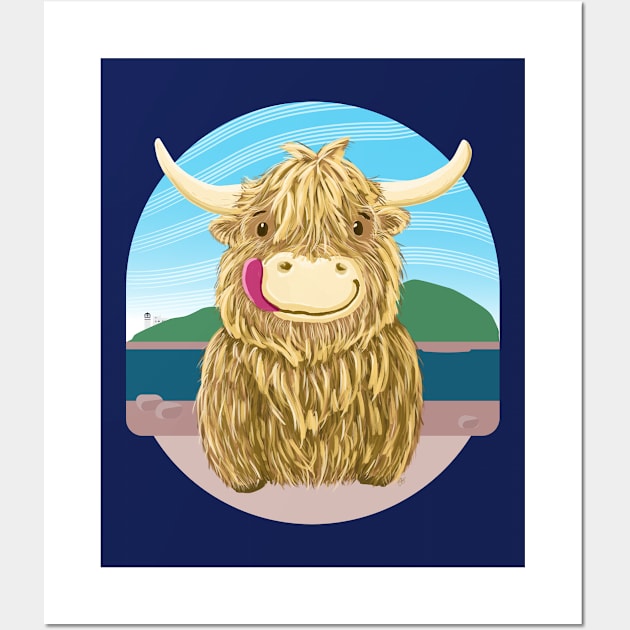 Scottish Highland Cow Chilling By The Ocean Wall Art by brodyquixote